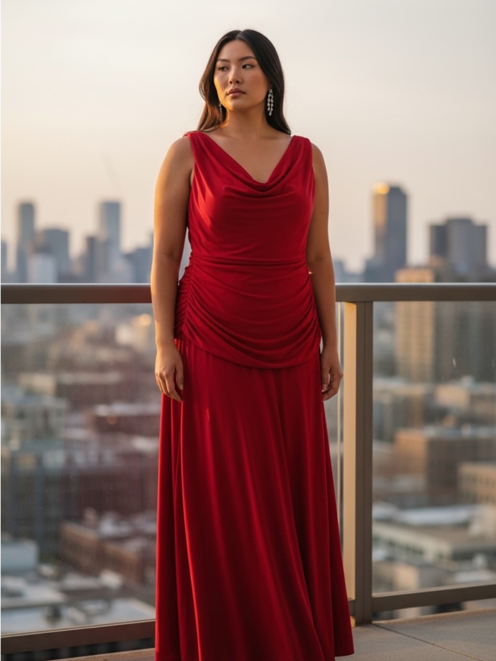Sleeveless Red Cowl-Neck Maxi Dress with Ruched Draping
